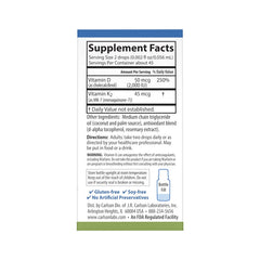 Label close-up showing 50 mcg D3 and 45 mcg MK-7 per drop