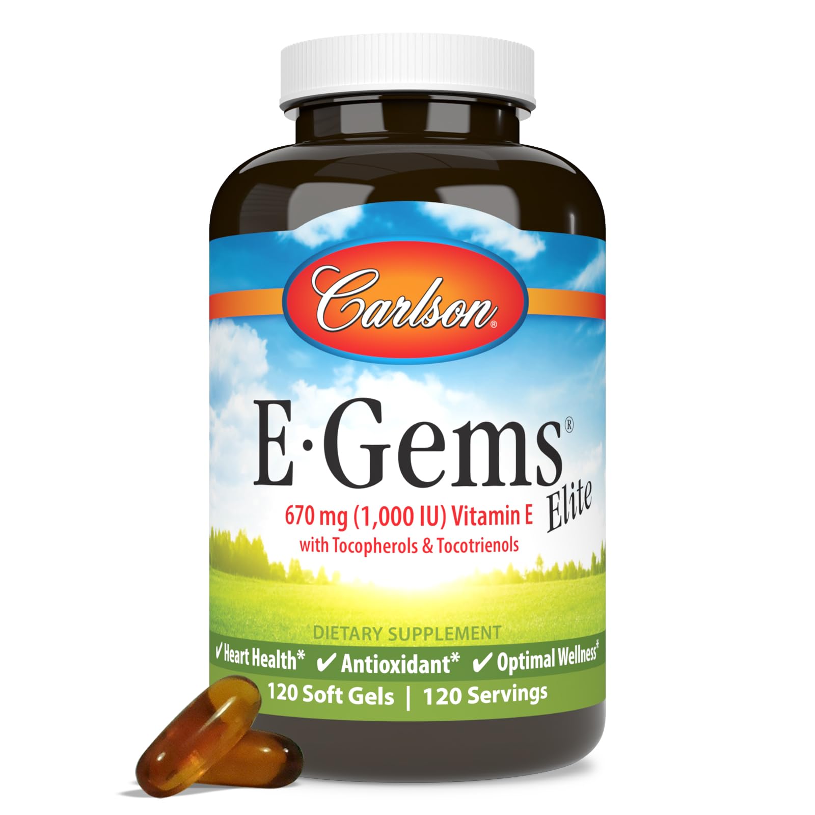 Carlson E-Gems Elite Vitamin E bottle label with 120 soft gels