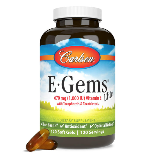Carlson E-Gems Elite Vitamin E bottle label with 120 soft gels