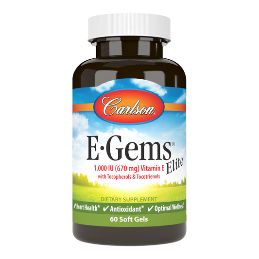 Front view of Carlson E-Gems Elite Vitamin E bottle with 60 softgels