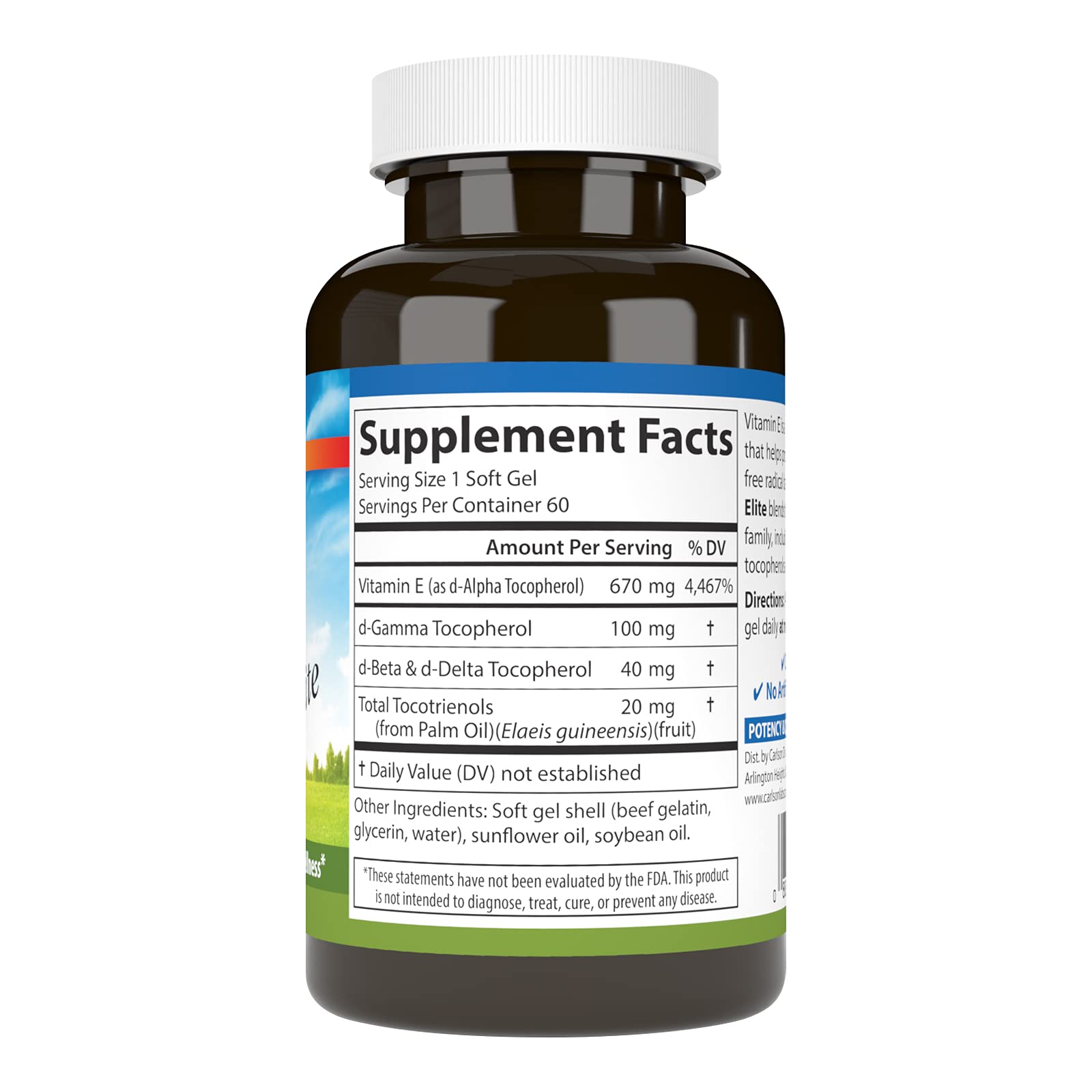Vitamin E product label showing 1000 IU per softgel