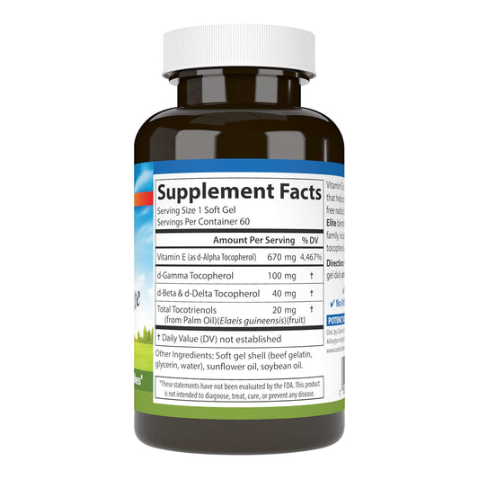 Vitamin E product label showing 1000 IU per softgel