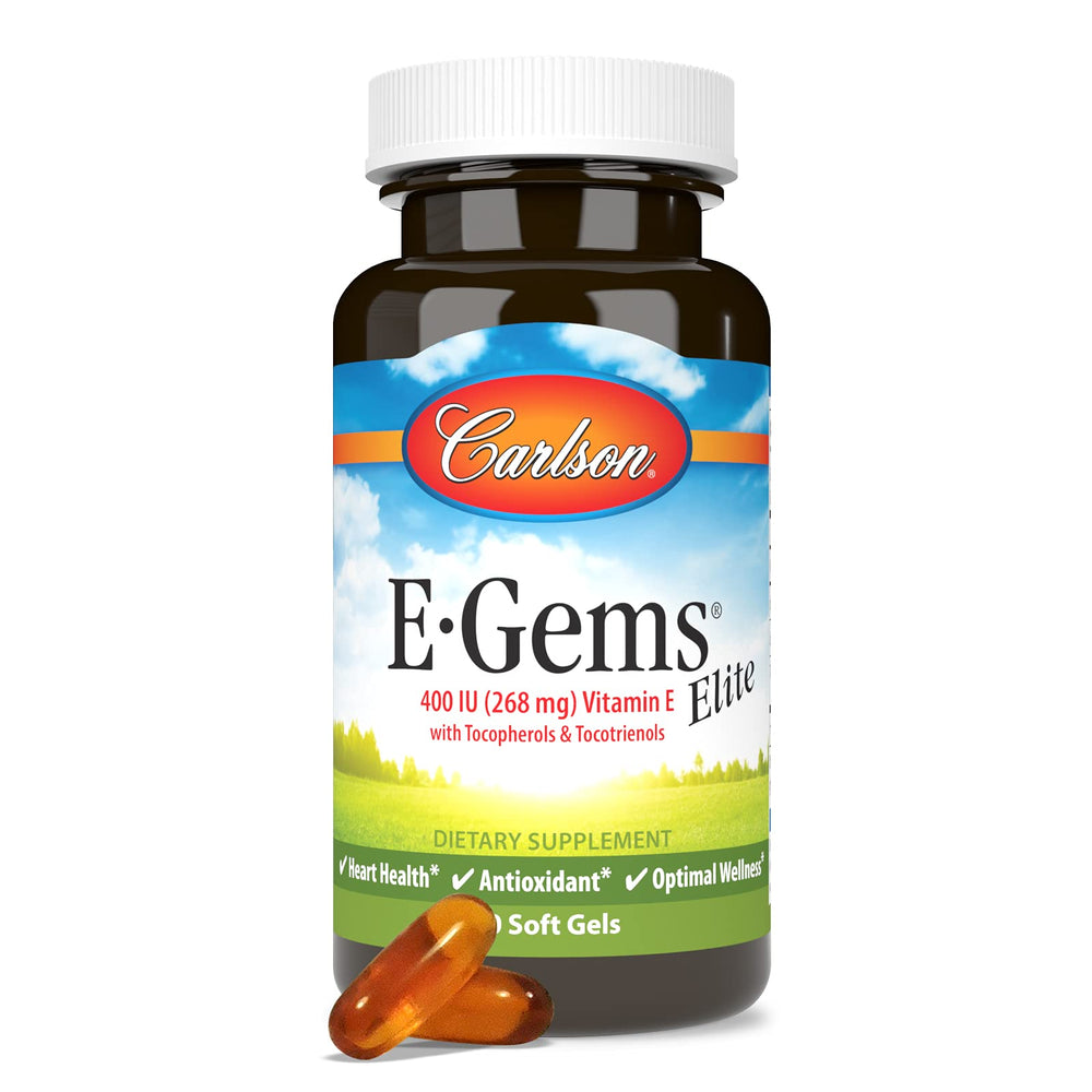 Back label with supplement facts on Carlson E-Gems Elite Vitamin E