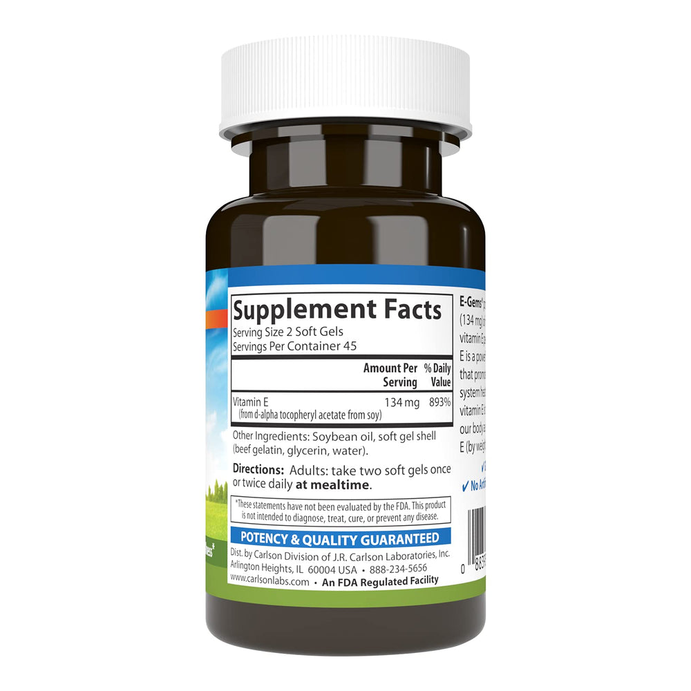 Carlson E-Gems Vitamin E bottle back with label