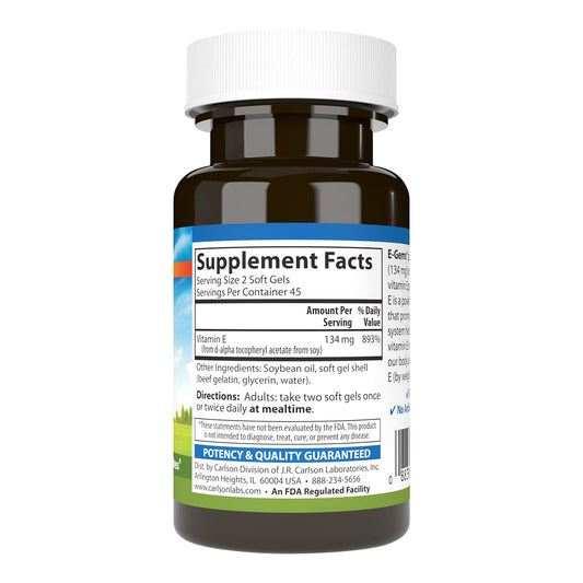Carlson E-Gems Vitamin E bottle back with label