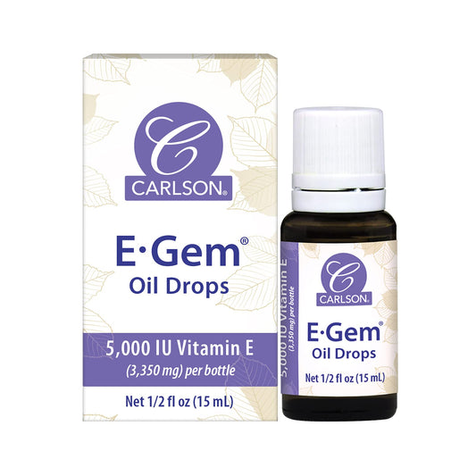 Bottle of Carlson E-Gem Oil Drops with label