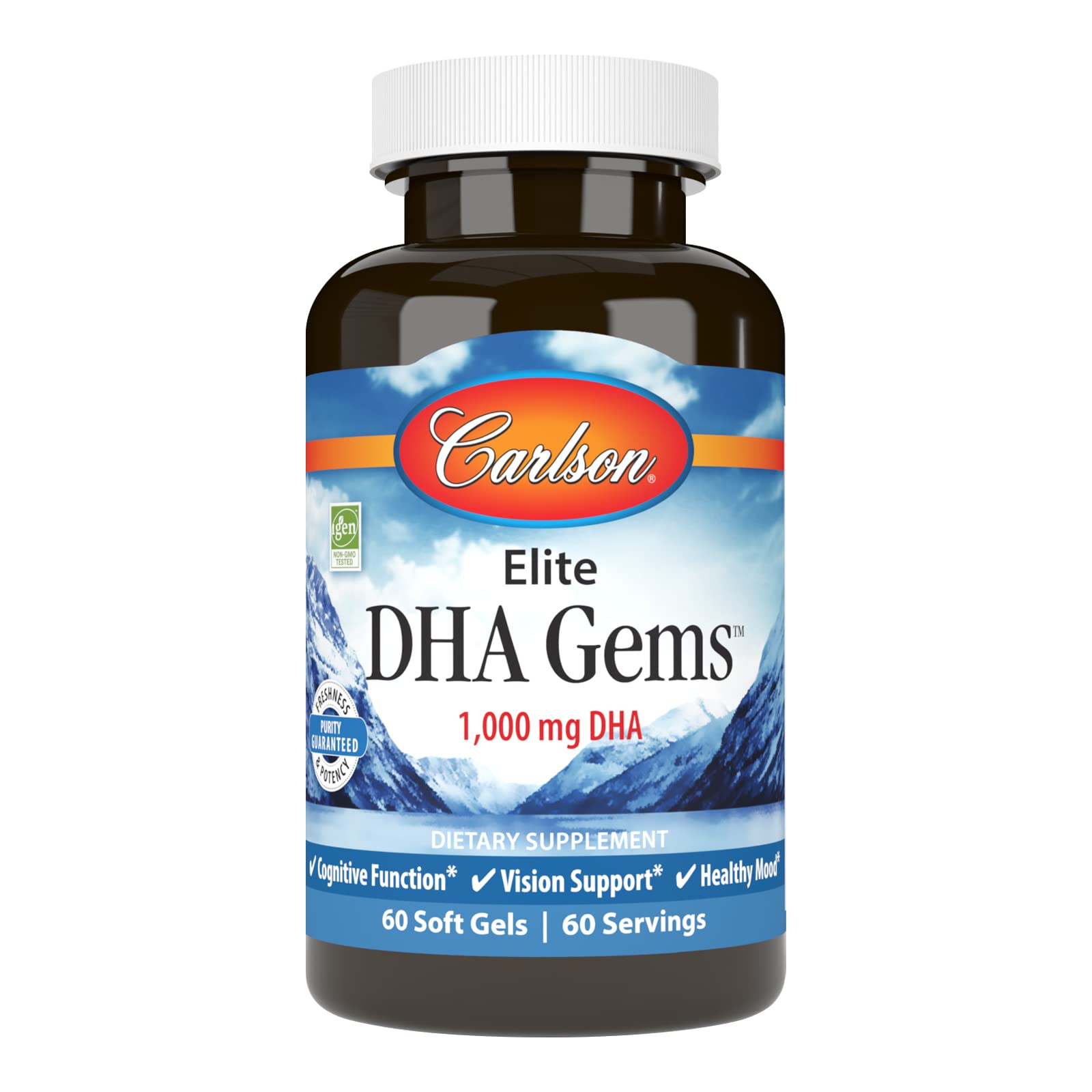 Carlson Elite DHA Gems 1000 mg bottle for daily omega-3 support.