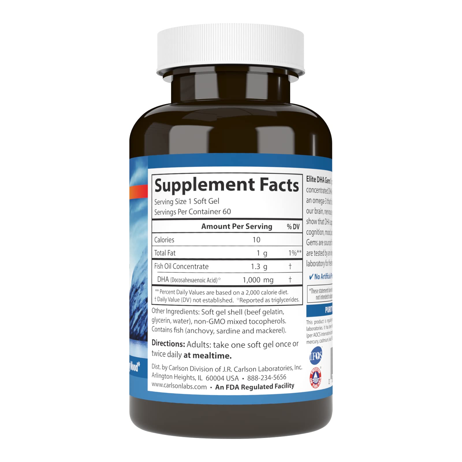 Carlson Elite DHA Gems softgels closeup, showcasing easy-to-swallow shape.