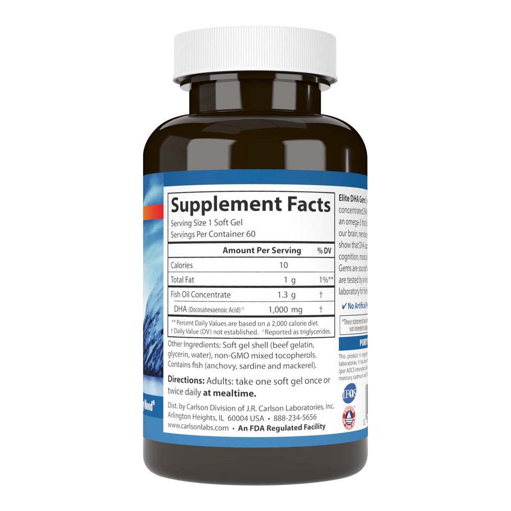 Carlson Elite DHA Gems softgels closeup, showcasing easy-to-swallow shape.