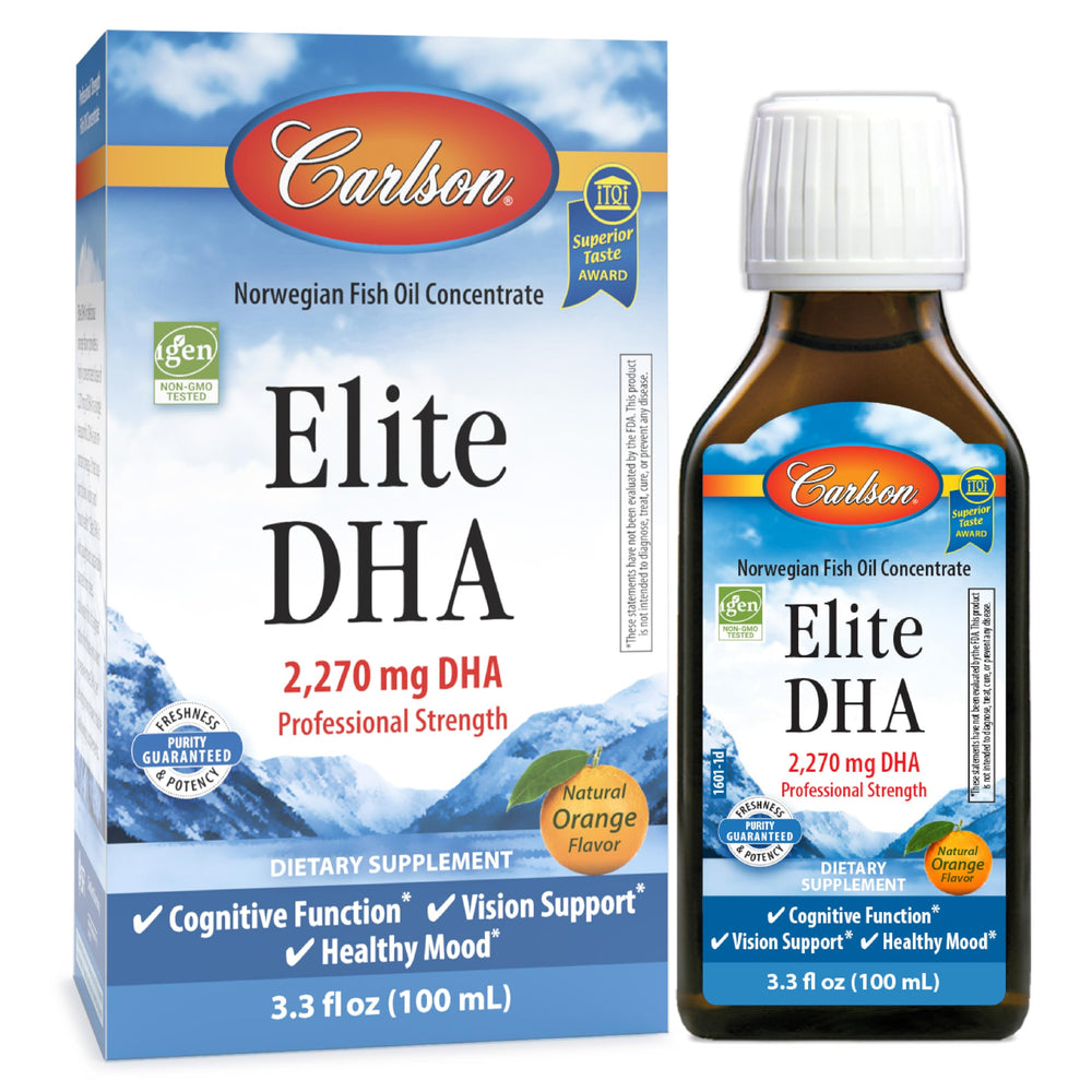 Carlson Elite DHA orange bottle for easy daily dosing