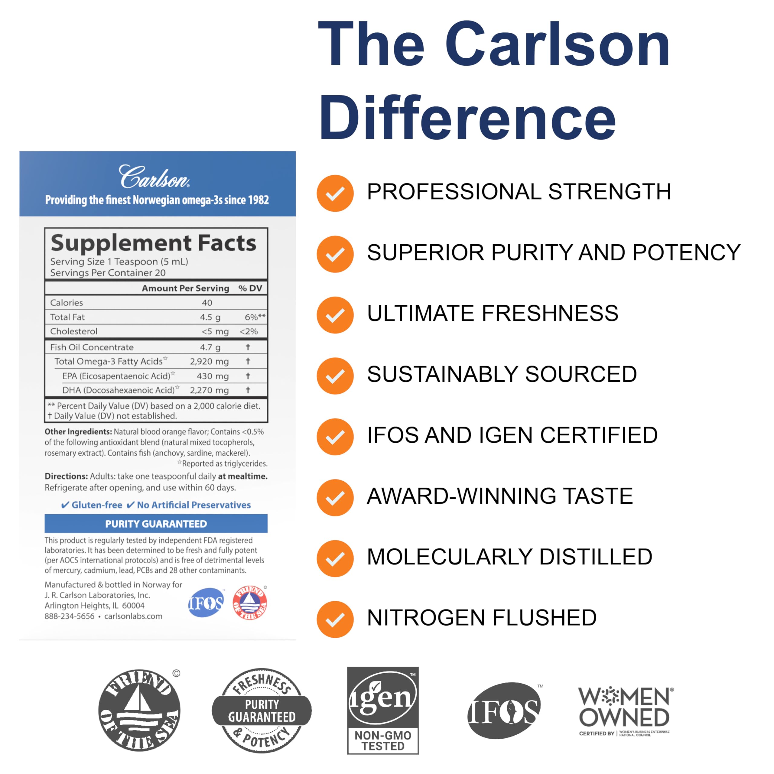 Teaspoon beside Carlson Elite DHA bottle showing DHA amount