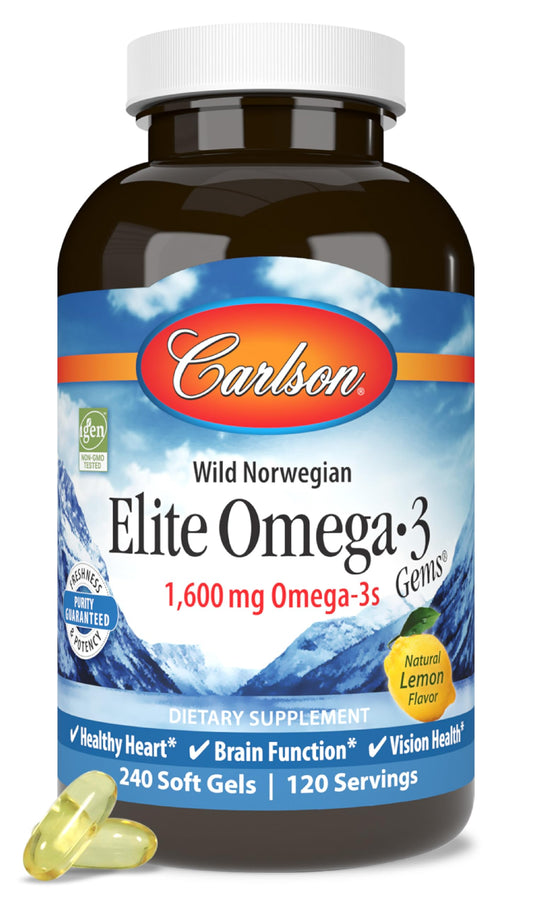 Front view of Carlson Elite Omega-3 Gems lemon flavor bottle with 240 softgels