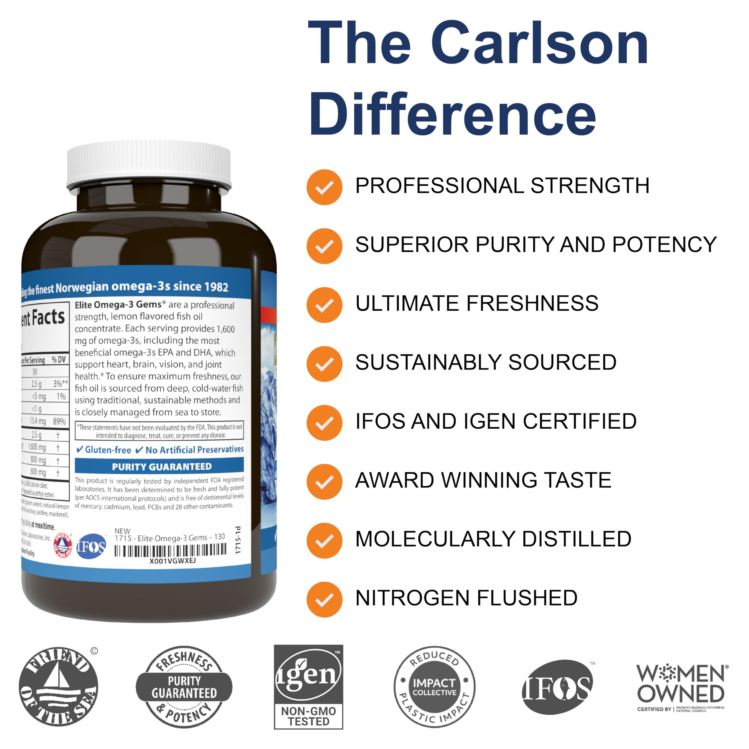 Carlson Elite Omega-3 Gems softgels close-up showing lemon flavor for easy daily intake.