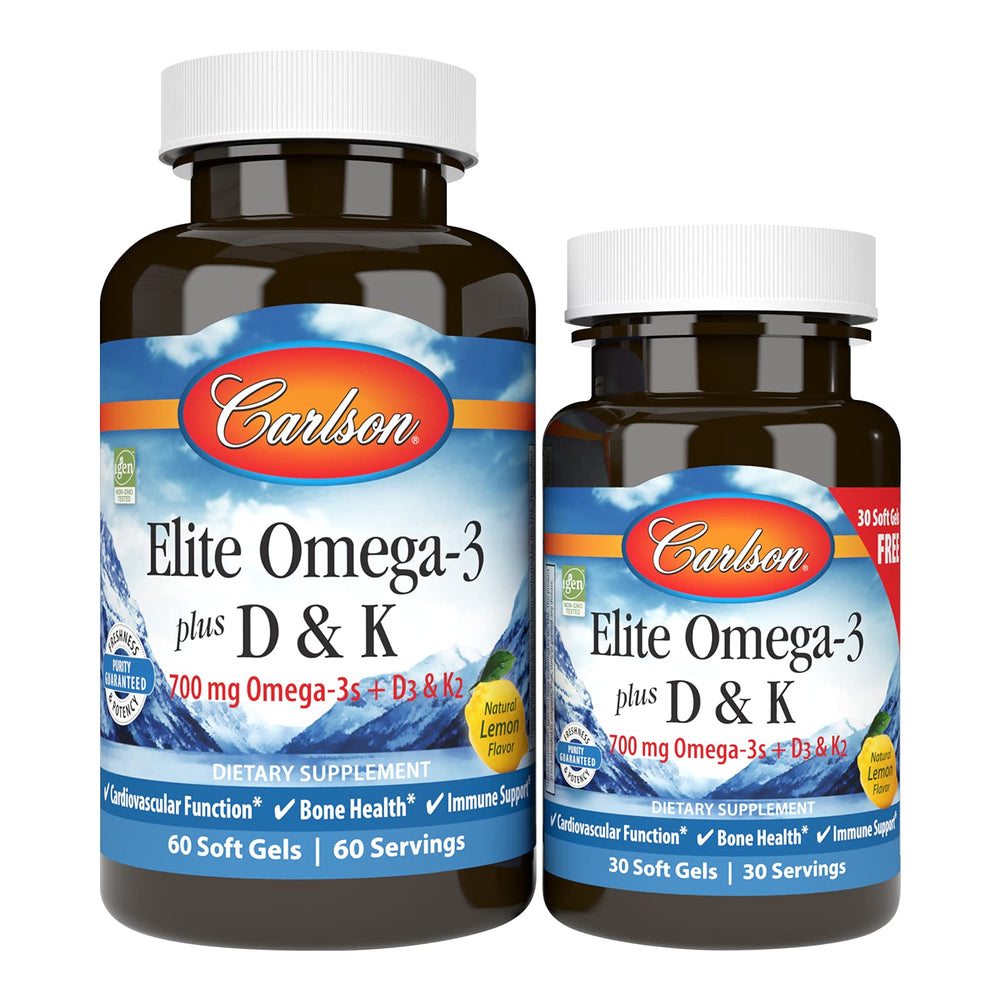 Carlson Elite Omega-3 Plus D & K bottle with lemon label for daily wellness.