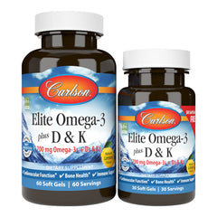 Carlson Elite Omega-3 Plus D & K bottle with lemon label for daily wellness.