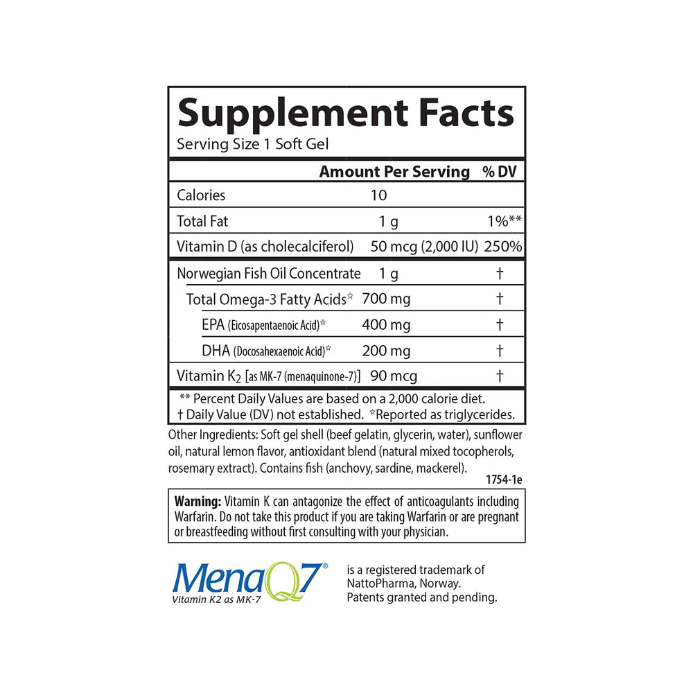 Bottle with D3 and K2 badge highlighting vitamin blend for bone health support.