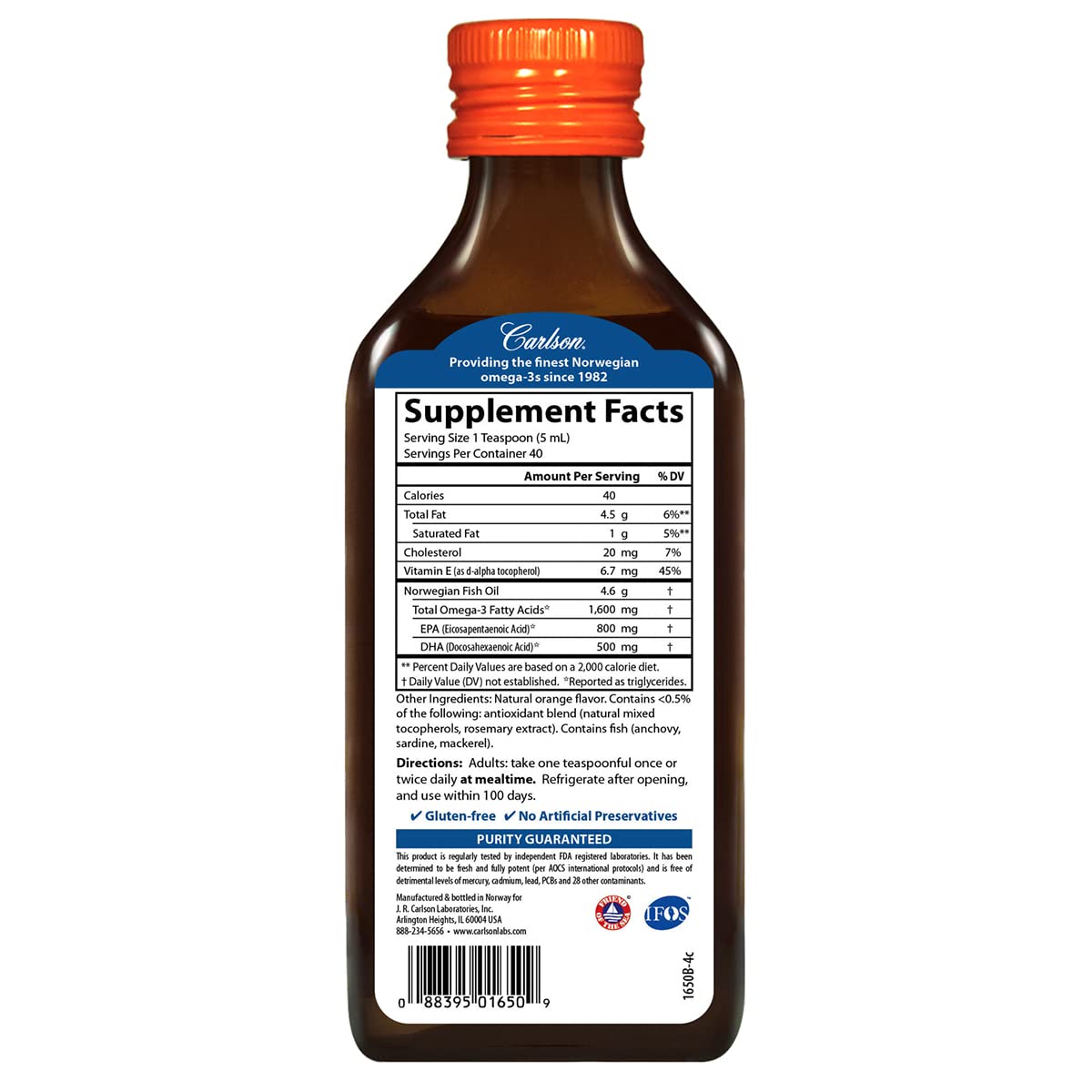 Carlson fish oil orange bottle back with supplement facts