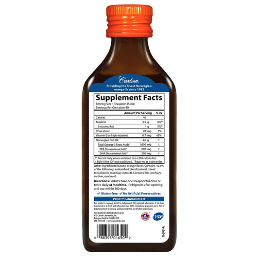 Carlson fish oil orange bottle back with supplement facts