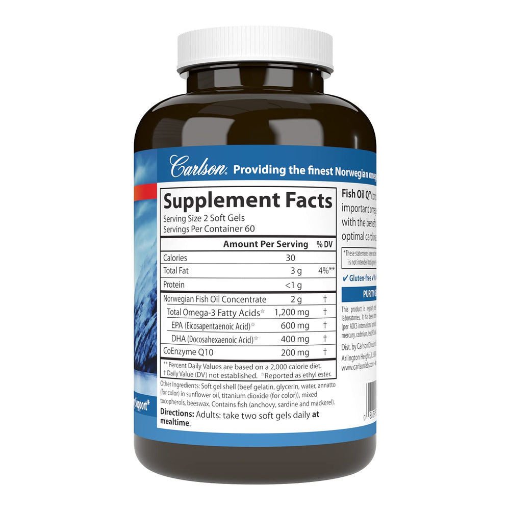 Label shows 1,200 mg omega-3s and 200 mg CoQ10