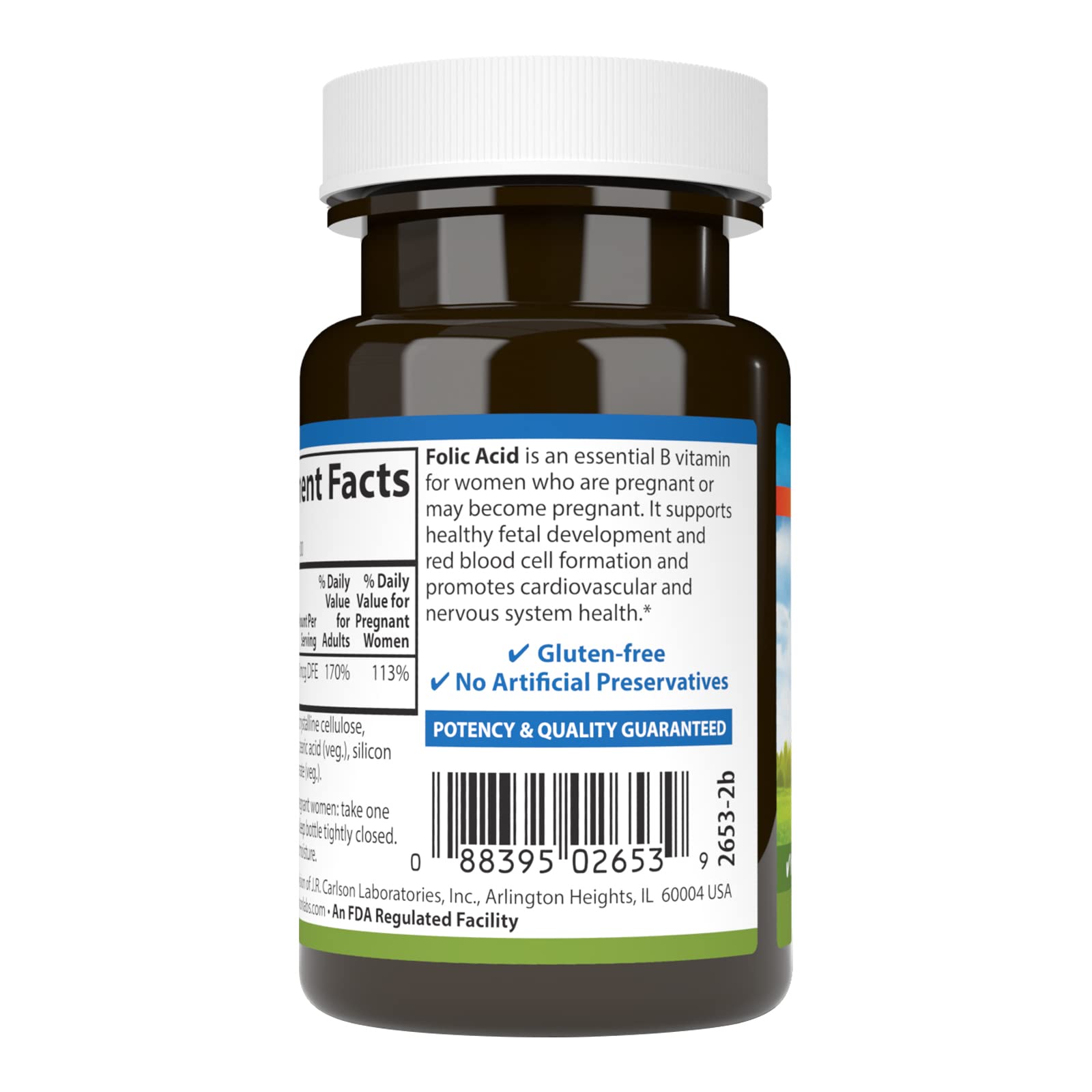 Carlson Folic Acid bottle front view with readable label