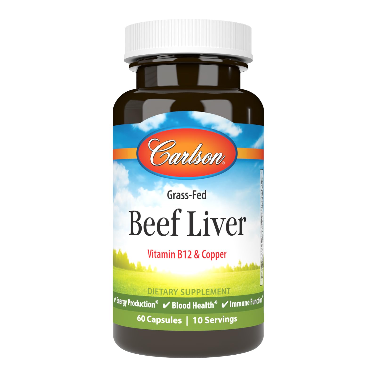 Carlson Grass-Fed Beef Liver bottle front with label and 60 capsules