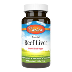 Carlson Grass-Fed Beef Liver bottle front with label and 60 capsules