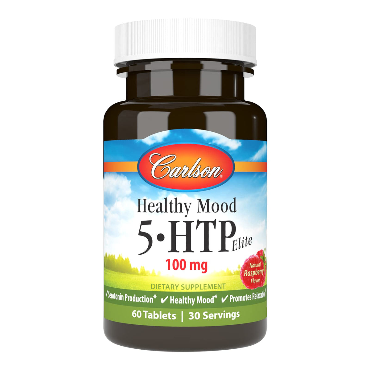 Carlson Healthy Mood 5-HTP Elite Raspberry Chewables bottle close-up