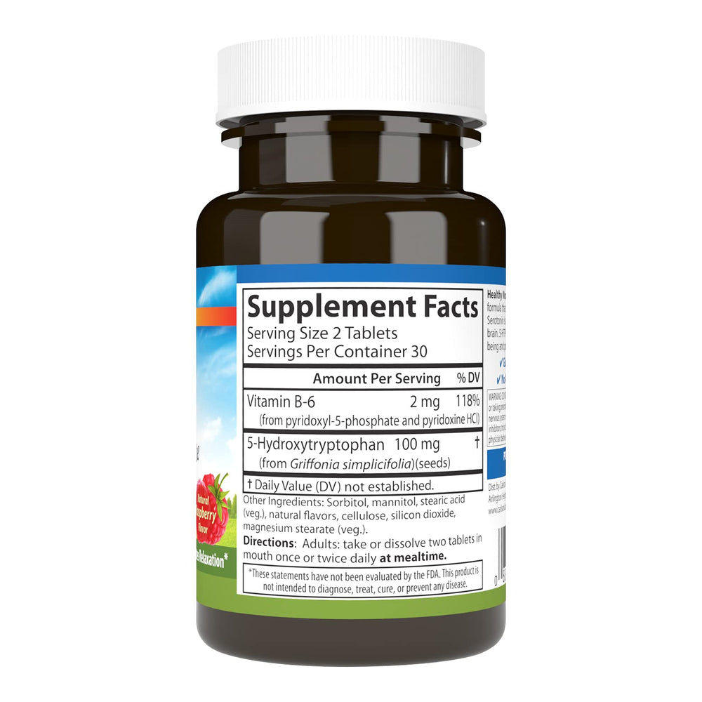 Front view of Carlson Healthy Mood 5-HTP Elite Raspberry Chewables bottle