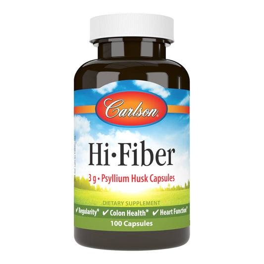 Bottle of Carlson Hi-Fiber Psyllium Husk Capsules with 3 g per capsule