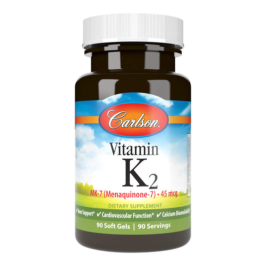 Front bottle shot showing Carlson Vitamin K2 MK-7 45 mcg softgels
