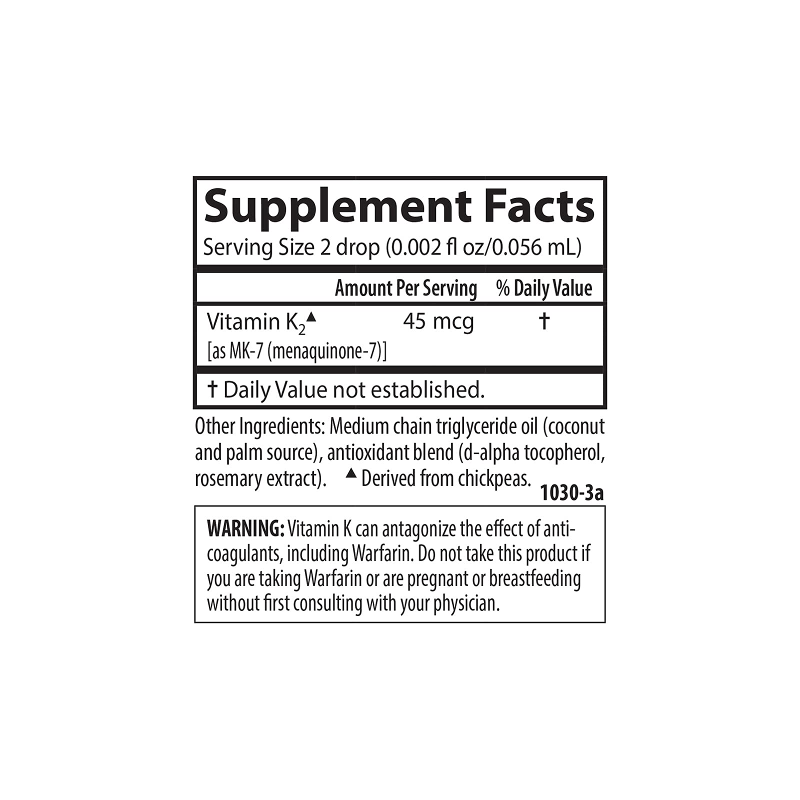 Non-GMO, dairy-free, vegetarian vitamin K2 MK-7 on label