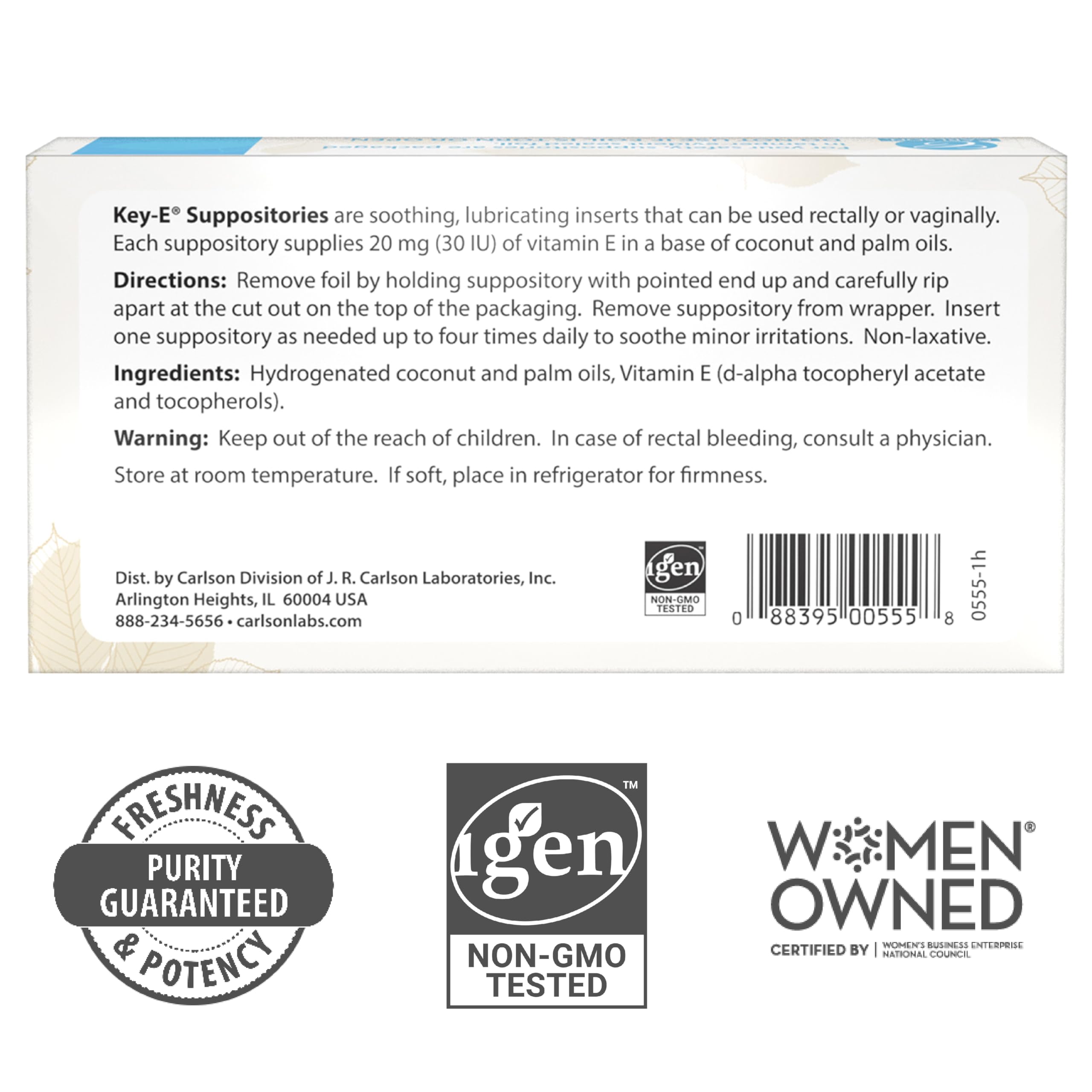 Carlson Key-E suppositories application illustration shows smooth insertion and dry-area use