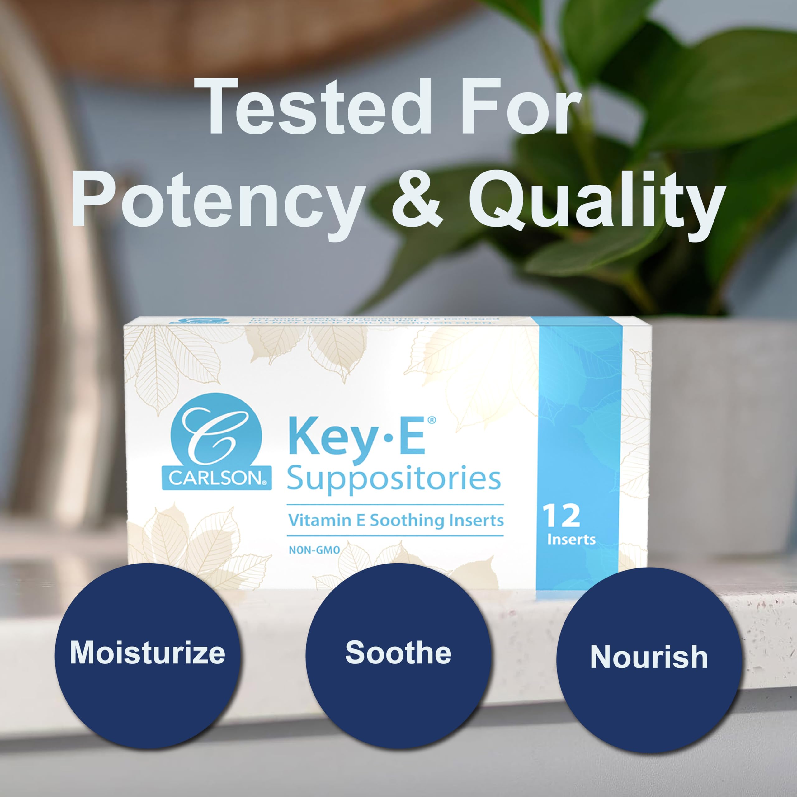 Carlson Key-E suppositories non-GMO and paraben-free image communicates clean formula
