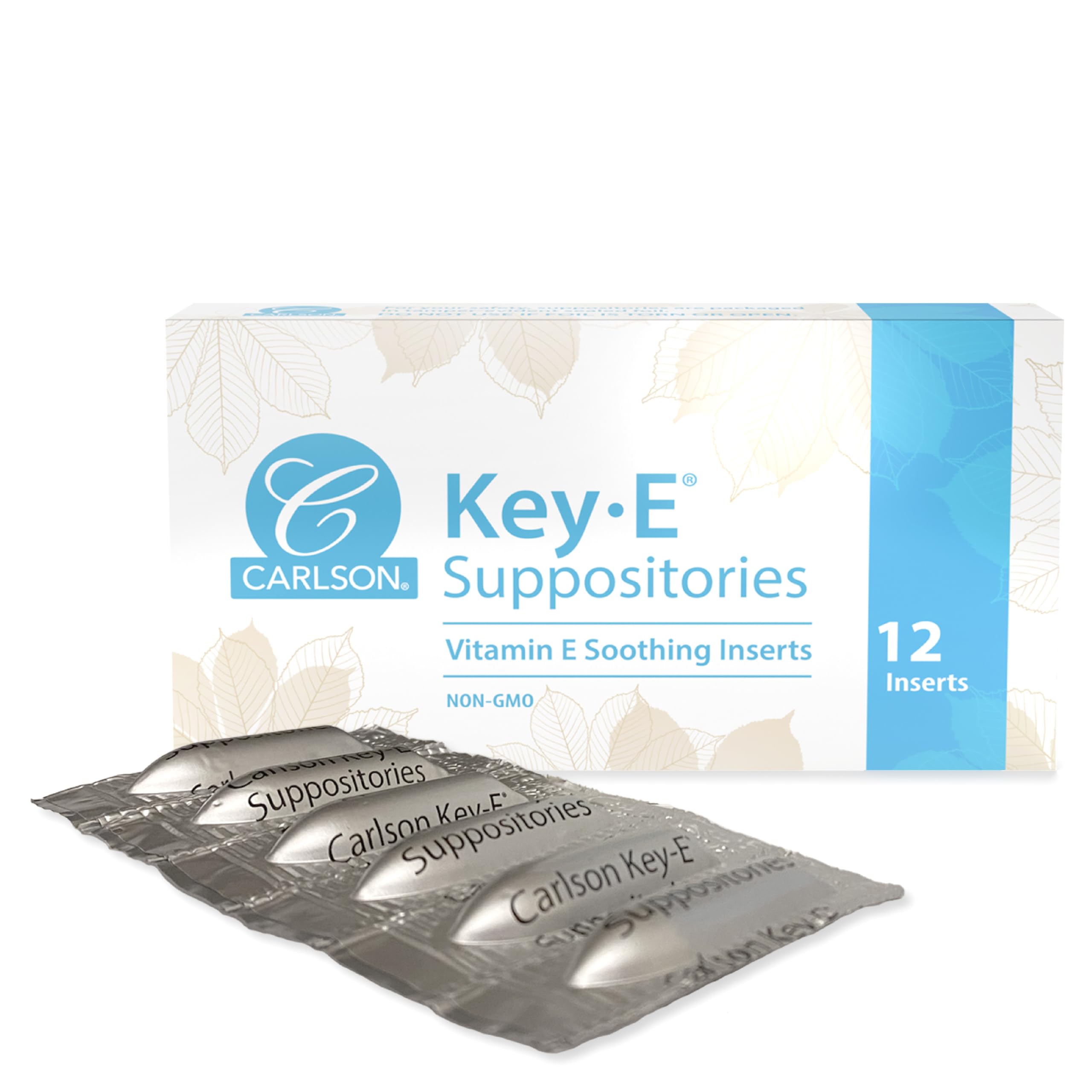 Carlson Key-E suppositories packaging showing 12-count box and moisturizing formula
