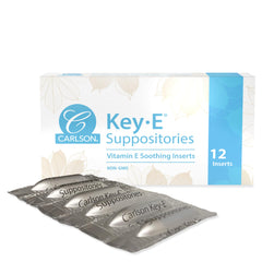 Carlson Key-E suppositories packaging showing 12-count box and moisturizing formula