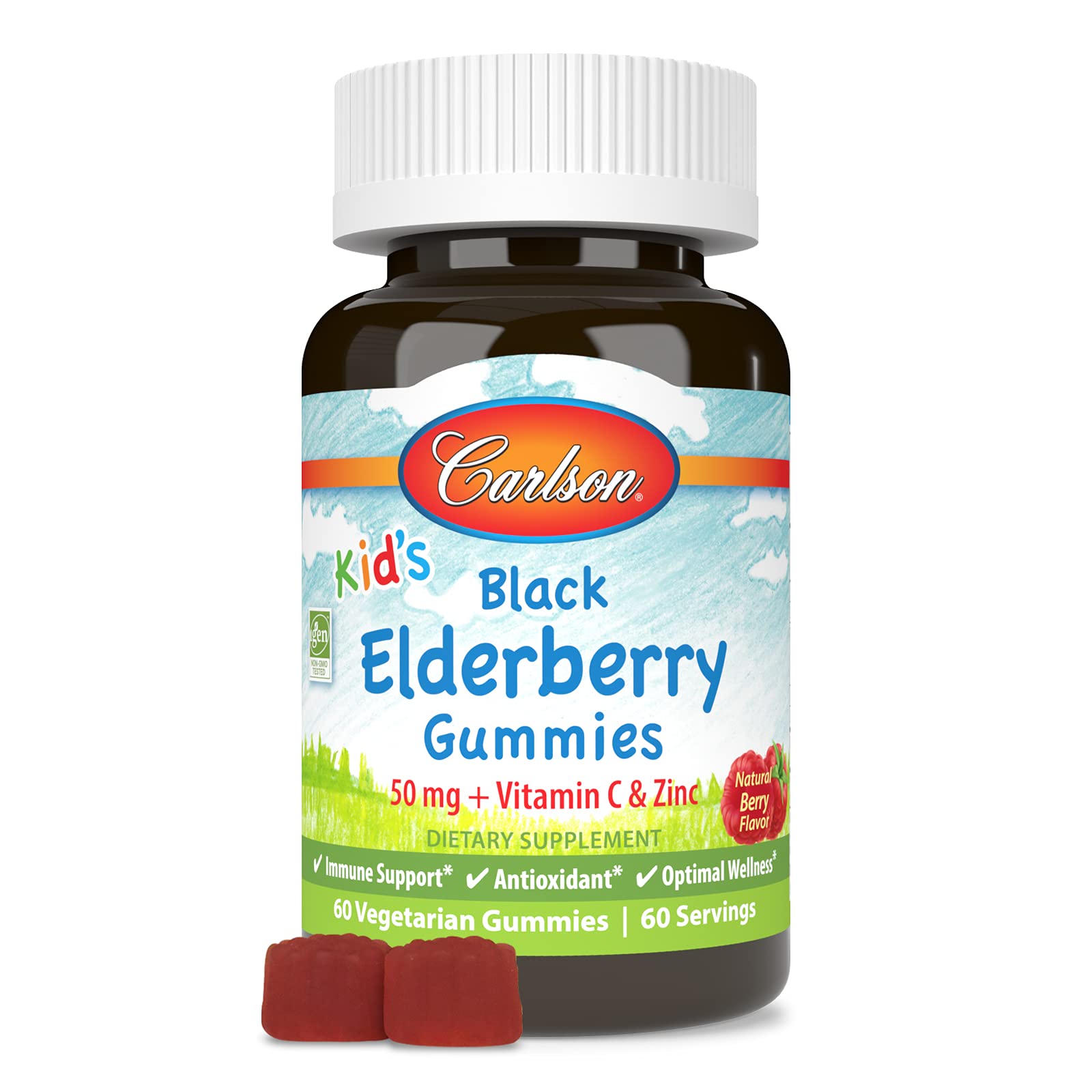 Carlson Kids Black Elderberry Gummies bottle label showing immune support with Vitamin C & Zinc
