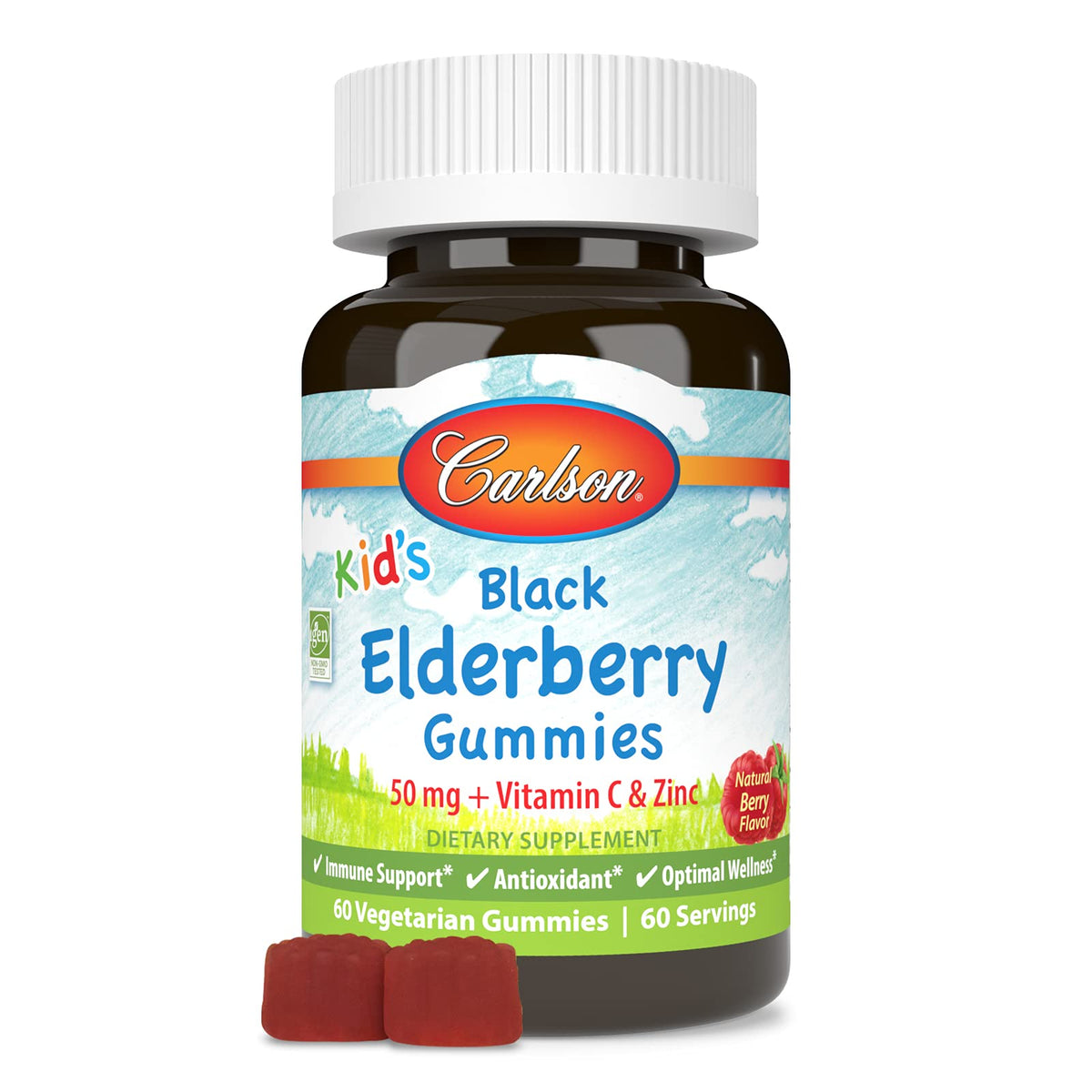 Carlson Kids Black Elderberry Gummies bottle label showing immune support with Vitamin C & Zinc