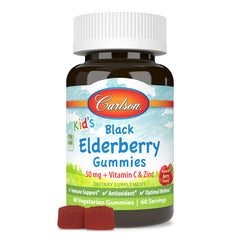 Carlson Kids Black Elderberry Gummies bottle label showing immune support with Vitamin C & Zinc