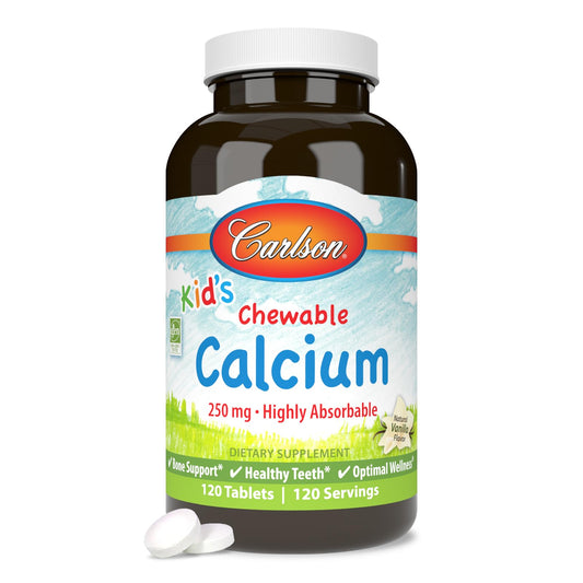Carlson Kids' Chewable Calcium vanilla flavor bottle front