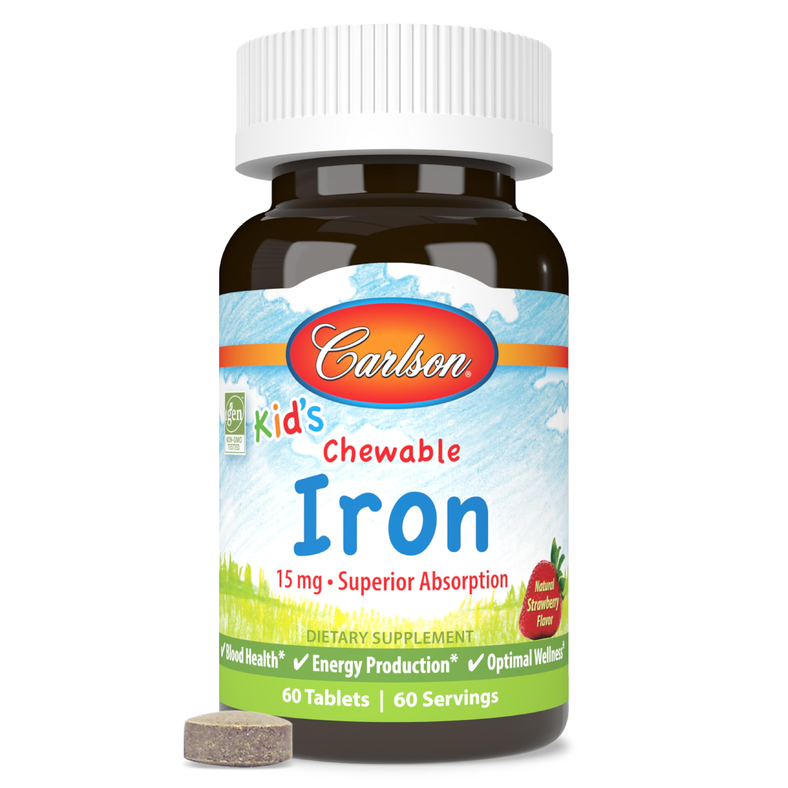 Carlson Kids Chewable Iron 15 mg strawberry flavor bottle front view