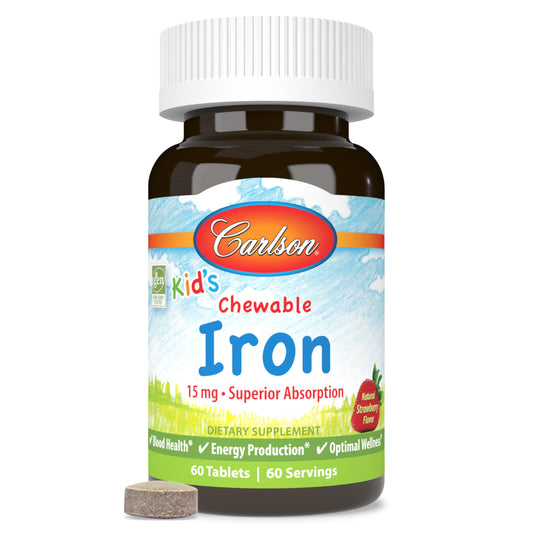 Carlson Kids Chewable Iron 15 mg strawberry flavor bottle front view