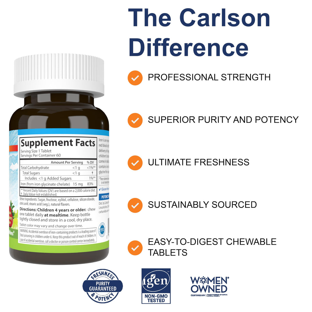 Close-up of Carlson Kids Chewable Iron strawberry tablet