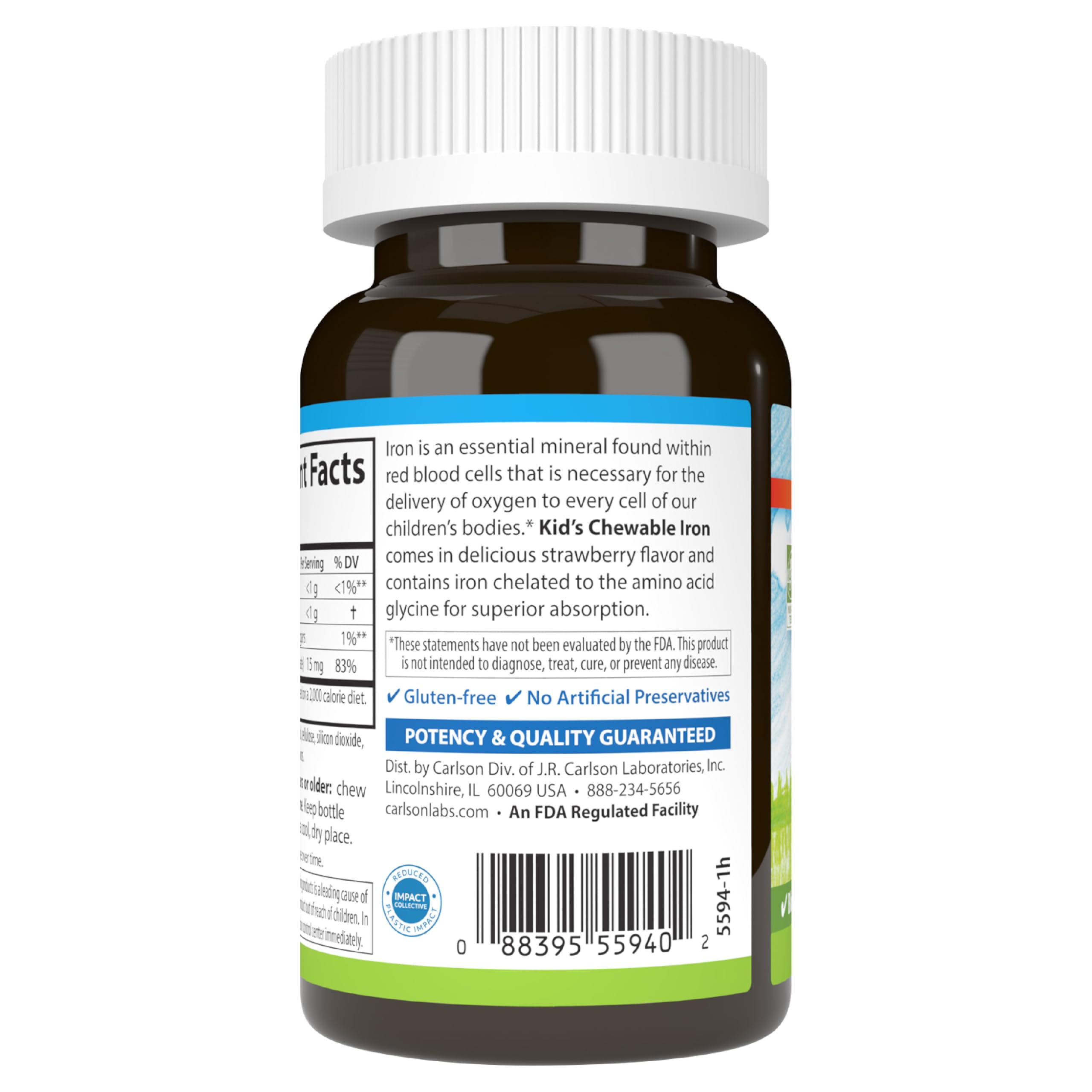 Carlson brand logo with kids iron supplement bottle