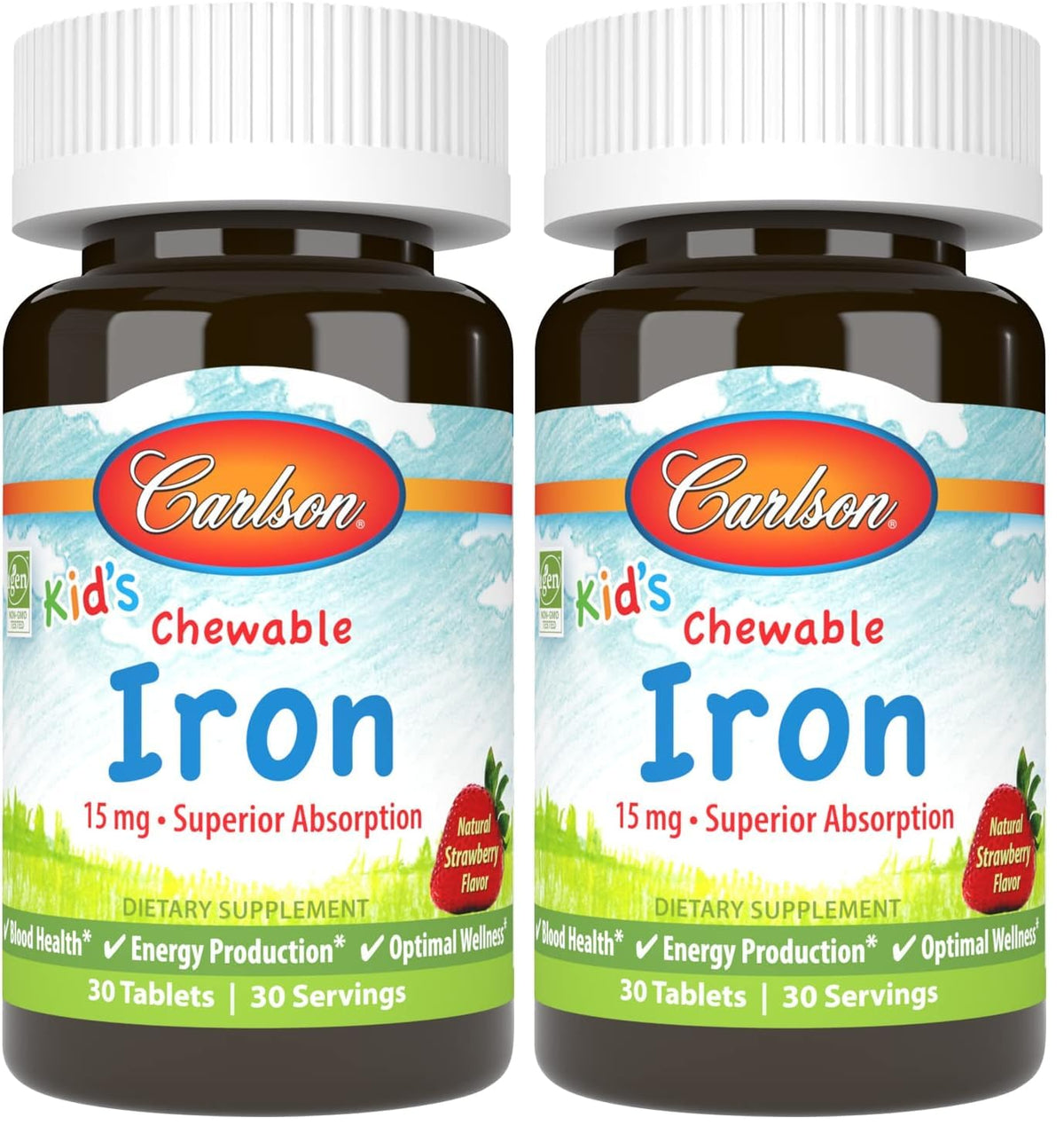Carlson Kid's Chewable Iron 15 mg strawberry flavor bottle – front view