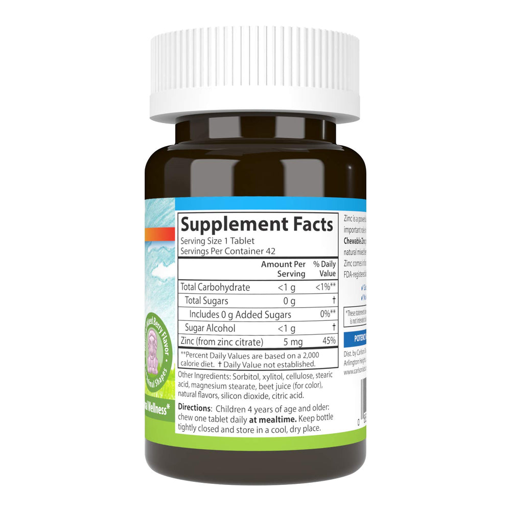 Carlson Kids Zinc berry flavor chewables on white background