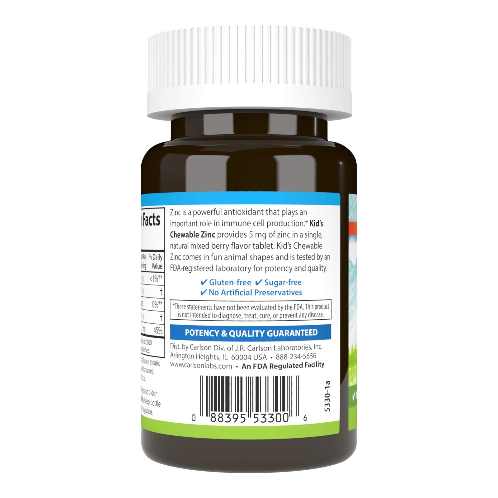 Front view of Carlson Kids Zinc bottle with label