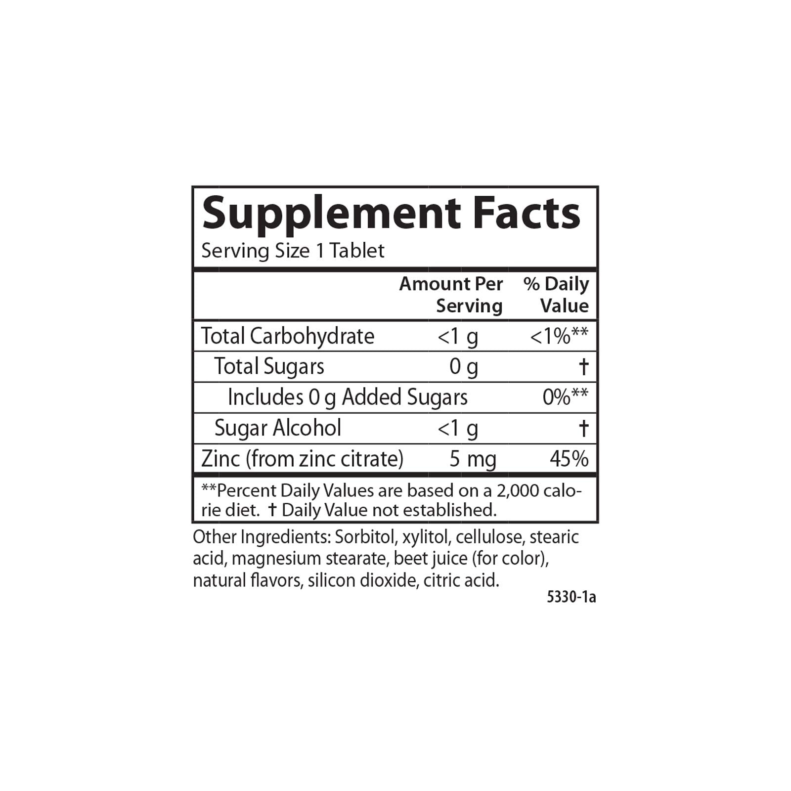 Back label of Carlson Kids Zinc bottle showing supplement facts