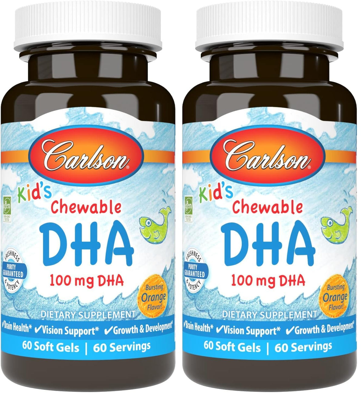 Front view of Carlson Kid's DHA orange flavor, 60 softgels per bottle, pack of 2