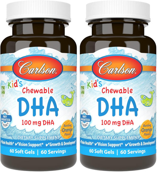Front view of Carlson Kid's DHA orange flavor, 60 softgels per bottle, pack of 2