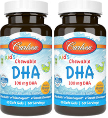 Front view of Carlson Kid's DHA orange flavor, 60 softgels per bottle, pack of 2